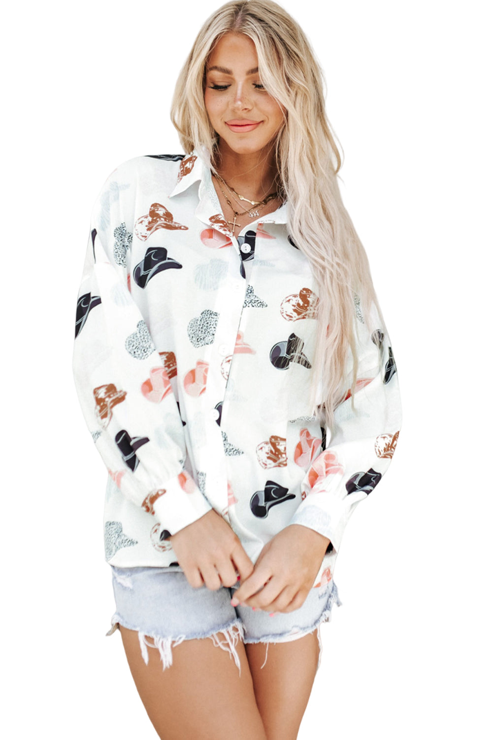 White Cow Boy Hats Puff Sleeve Button Up Shirt