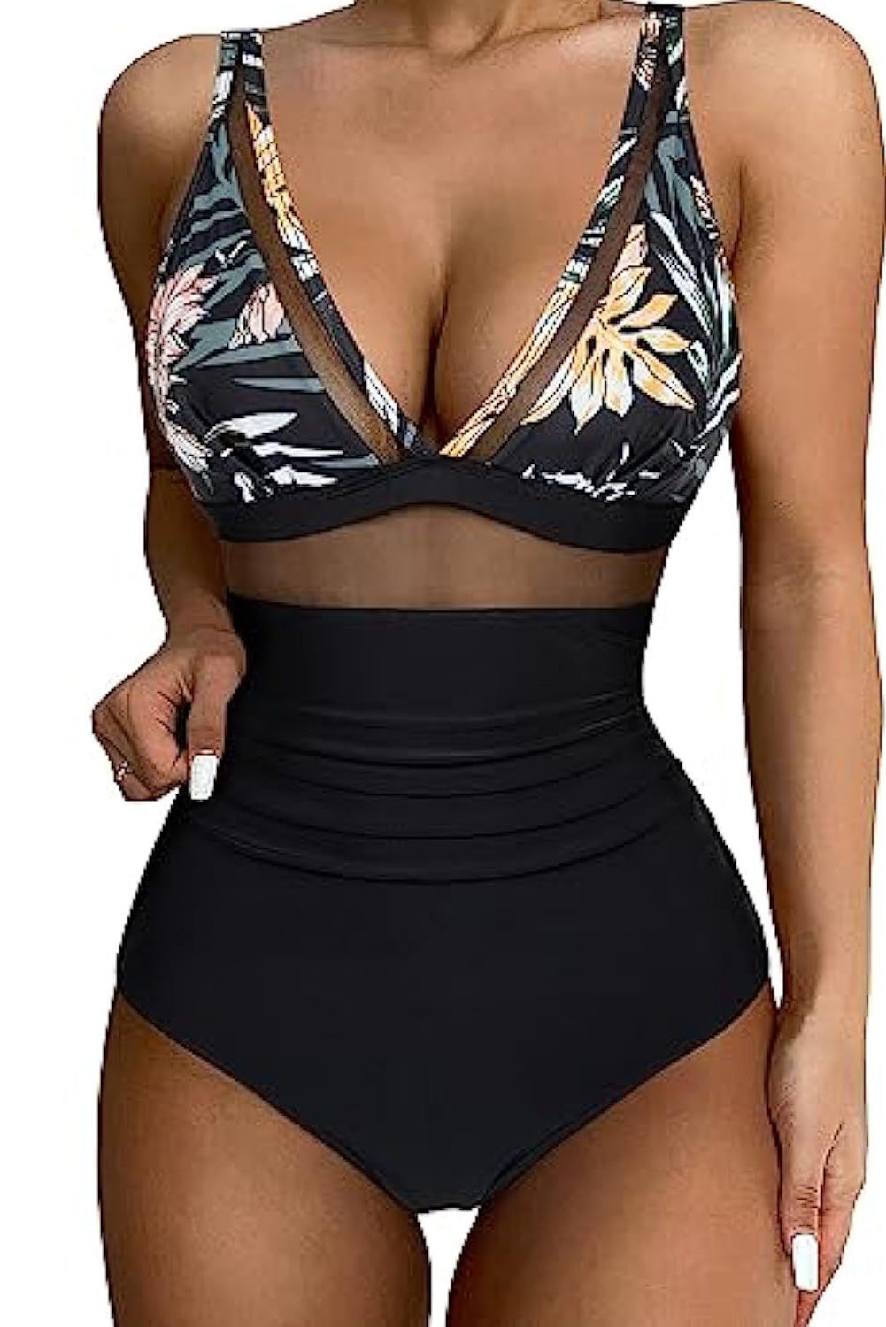 Schwarzer Monokini mit floralem Netzeinsatz und V-Ausschnitt und hoher Taille