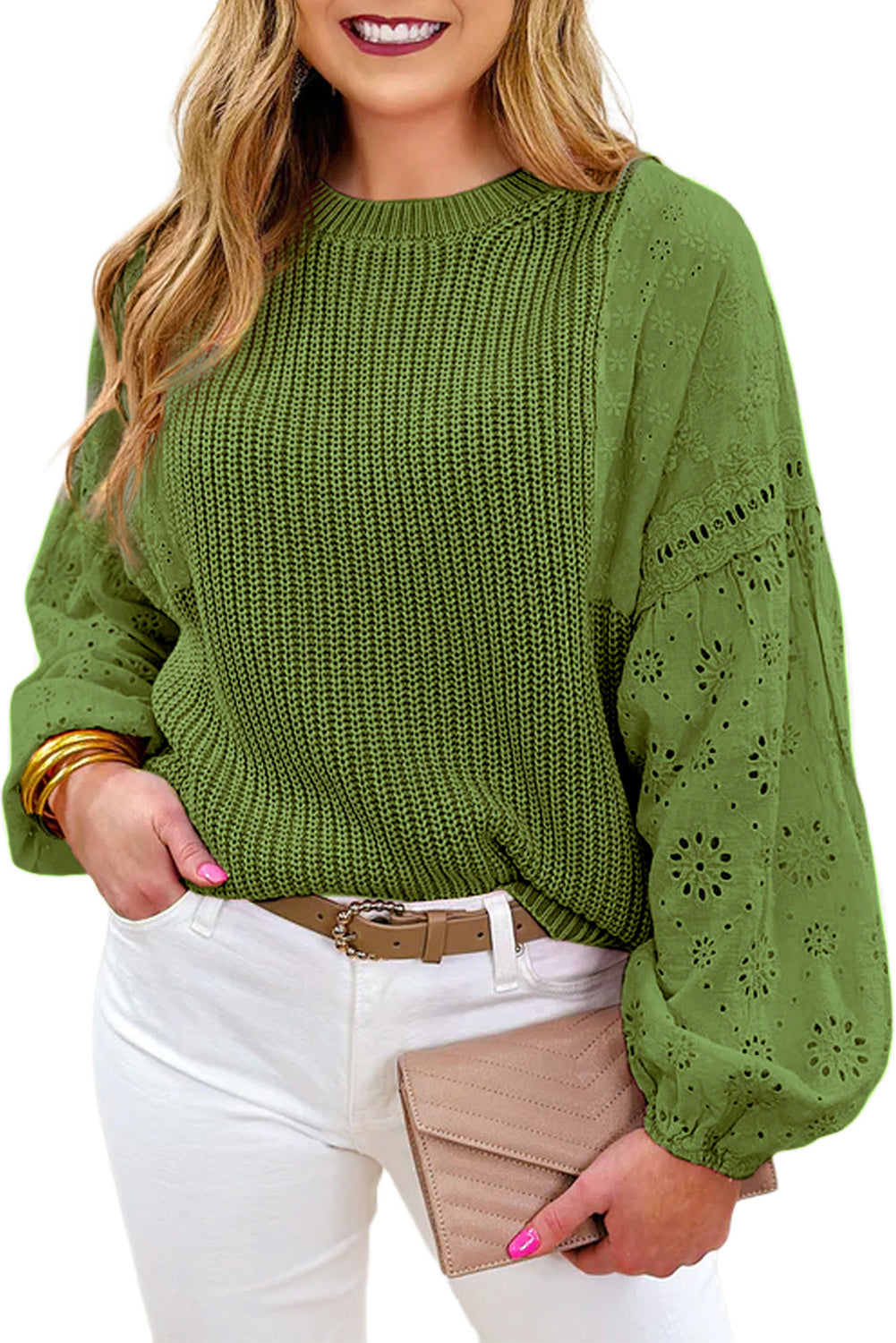 Zelen pulover pulover s spuščenimi rameni z očesci