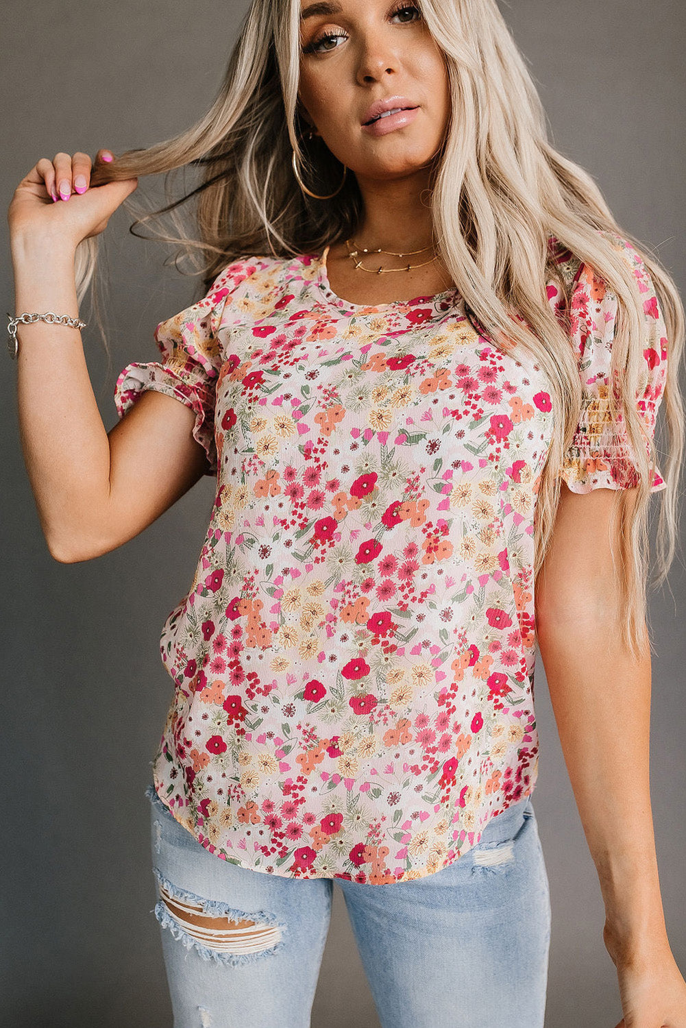 Rose Floral Ruffle Bubble Sleeve Blouse
