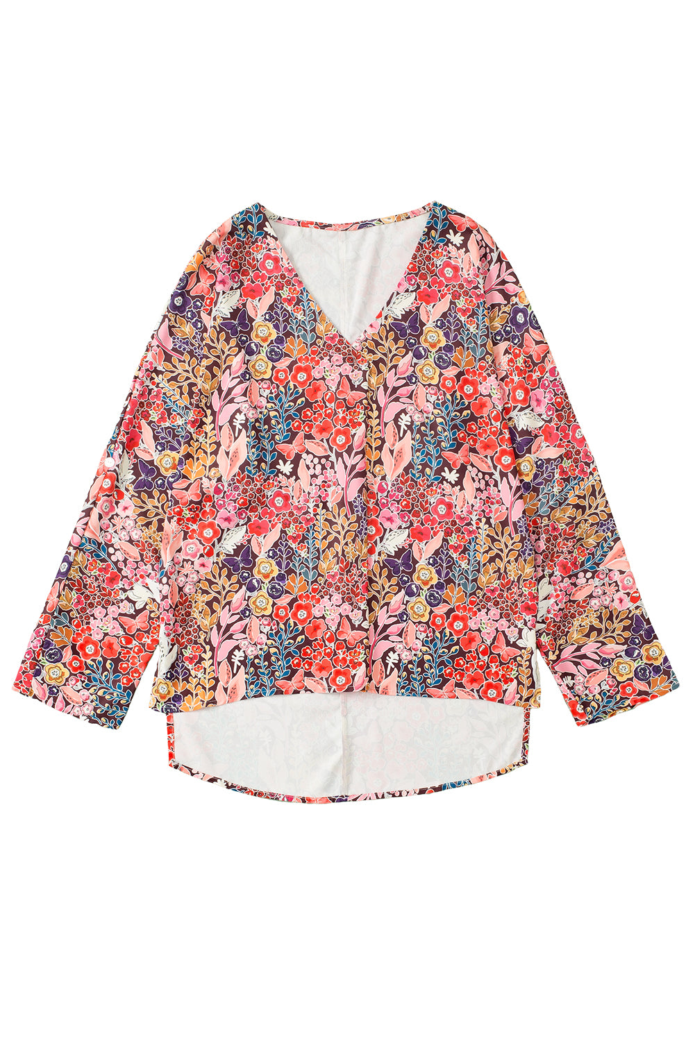 Večbarvna boho cvetlična bluza z dolgimi rokavi in ​​v-izrezom