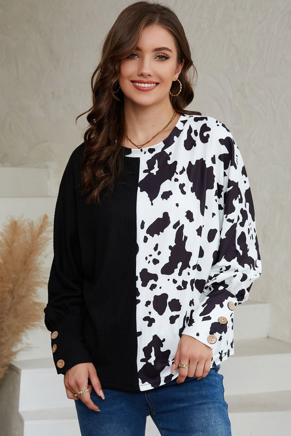 Majica z dolgimi rokavi iz patchwork vafljeve pletenine Black Cow