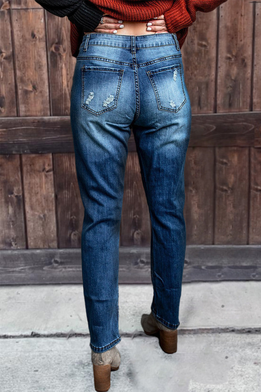 Jeans effetto consumato a vita alta patchwork con motivo occidentale
