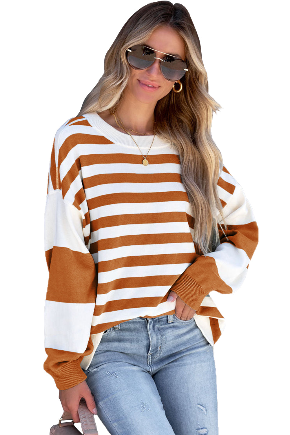 Gestreiftes Pullover-Sweatshirt mit braunen Streifen und überschnittener Schulter