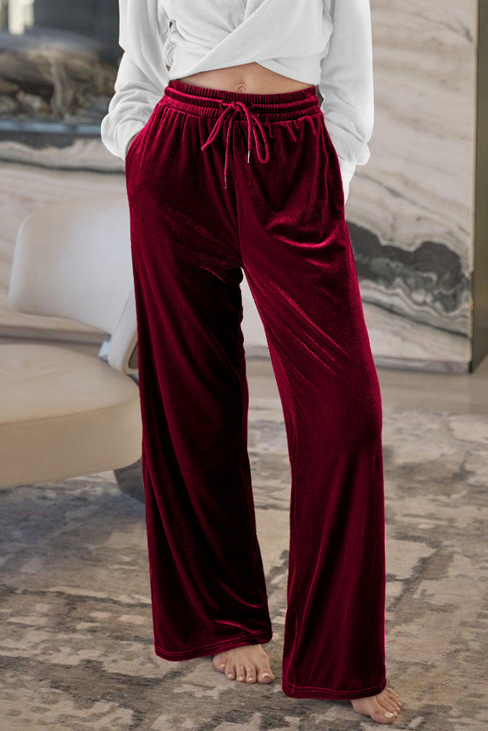 Pantalon large bordeaux uni à taille avec cordon de serrage