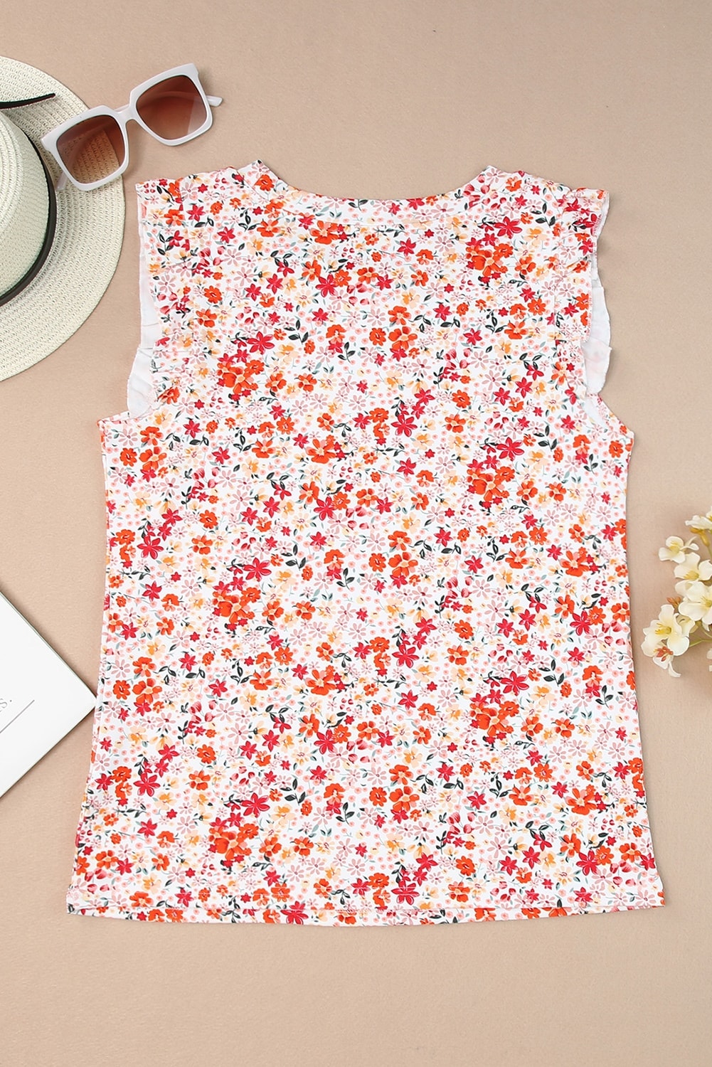Fiery Red Floral Ribbed Knit Frill Tank Top