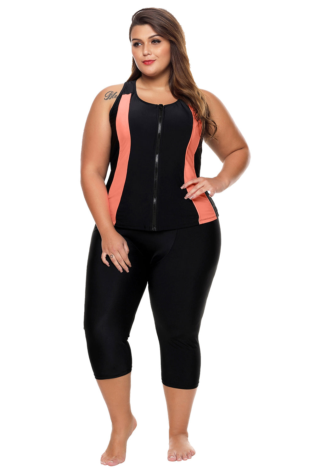 Combinaison de plongée femme zippée noire contrastée avec accent orange