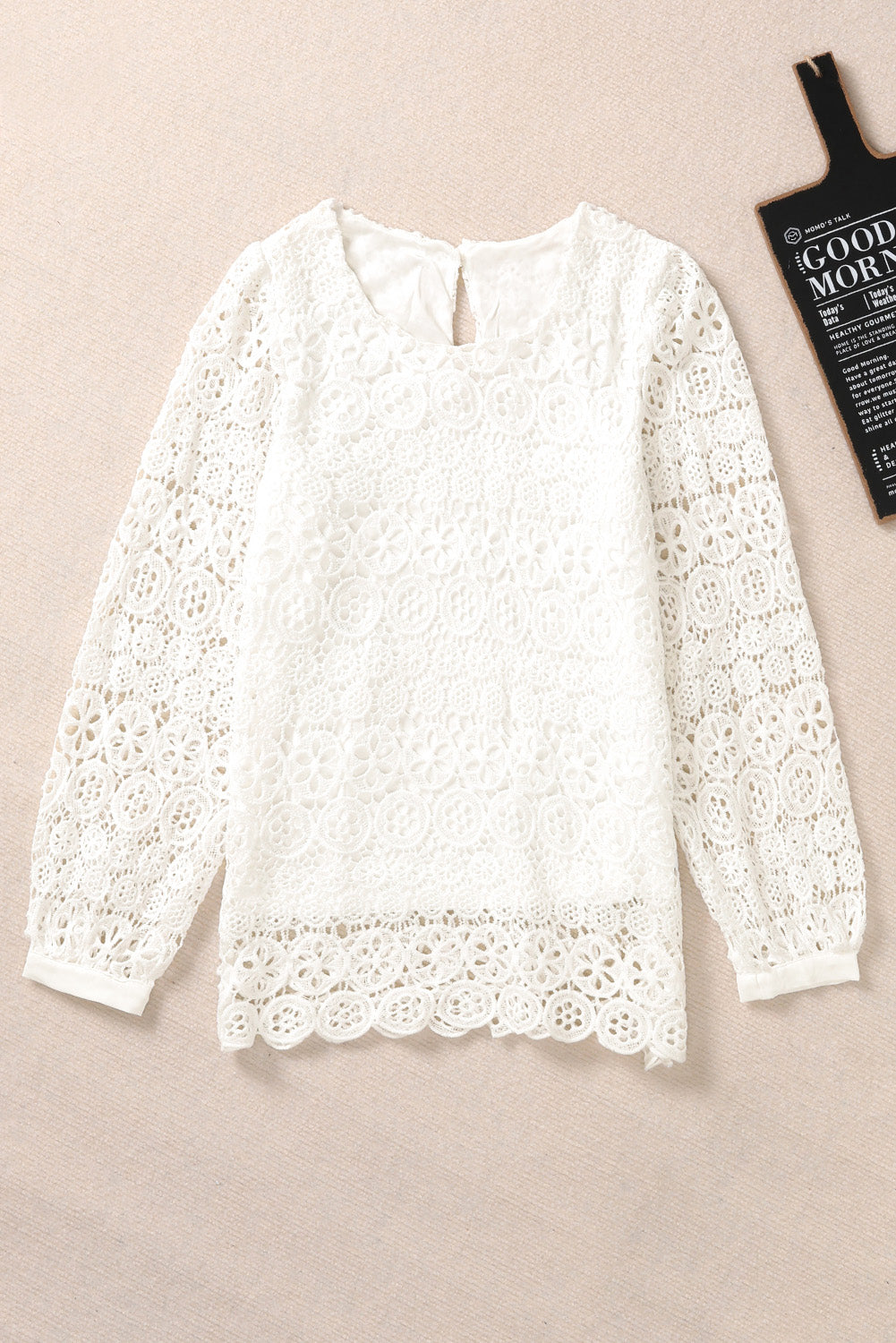Beige Lace Contrast Hollow-out Long Sleeve Blouse