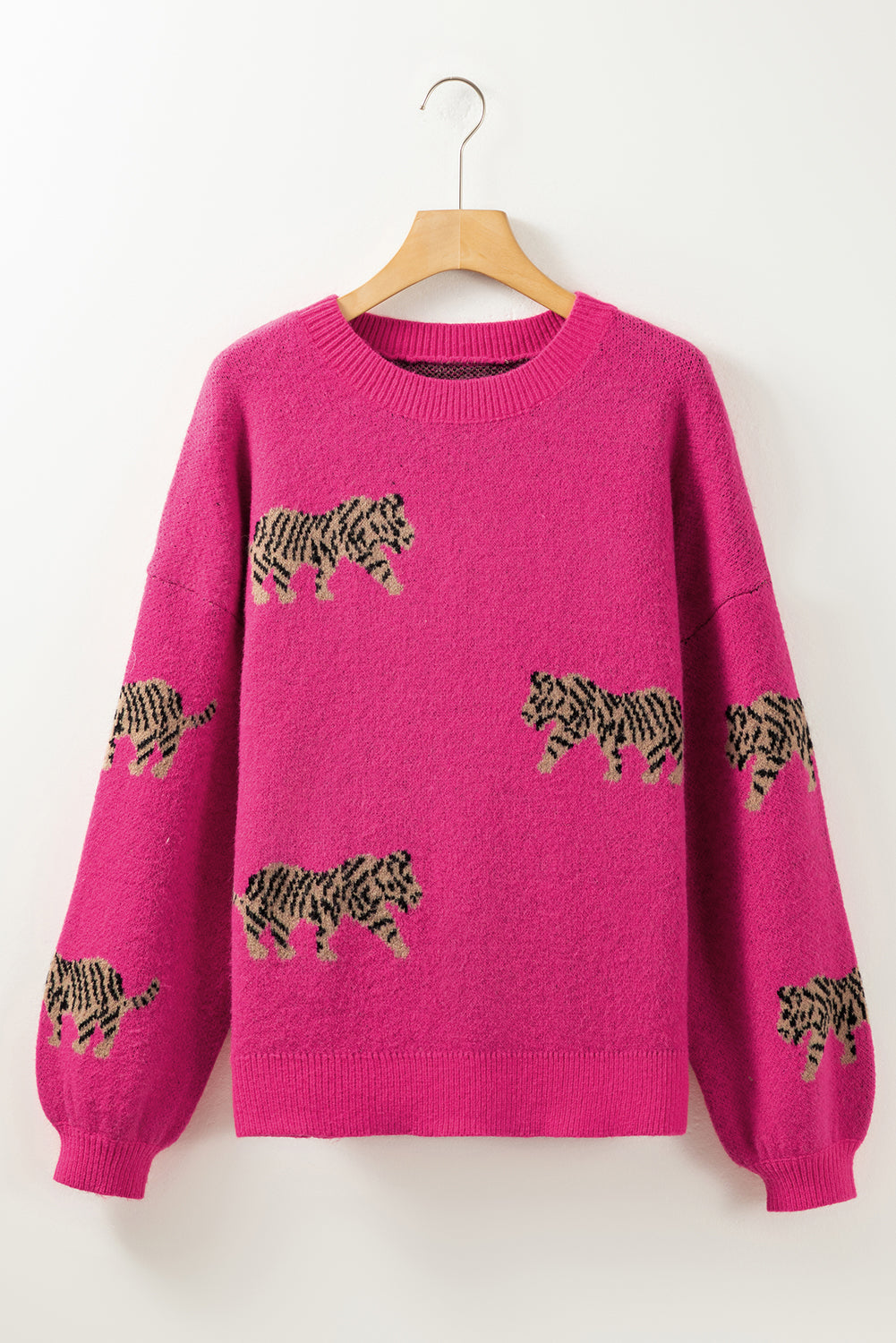 Rose Red Fierce Animal Pattern Casual Knitted Sweater