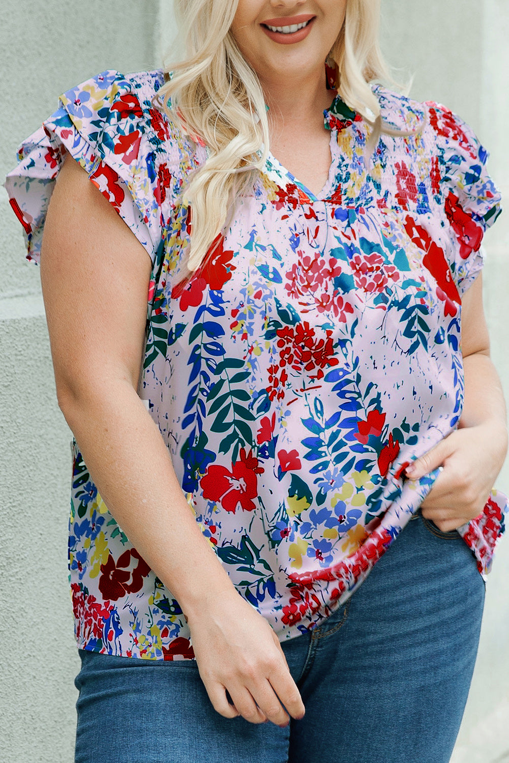 Fiery Red Plus Floral Print Ruffle Cap Sleeve V Neck Blouse