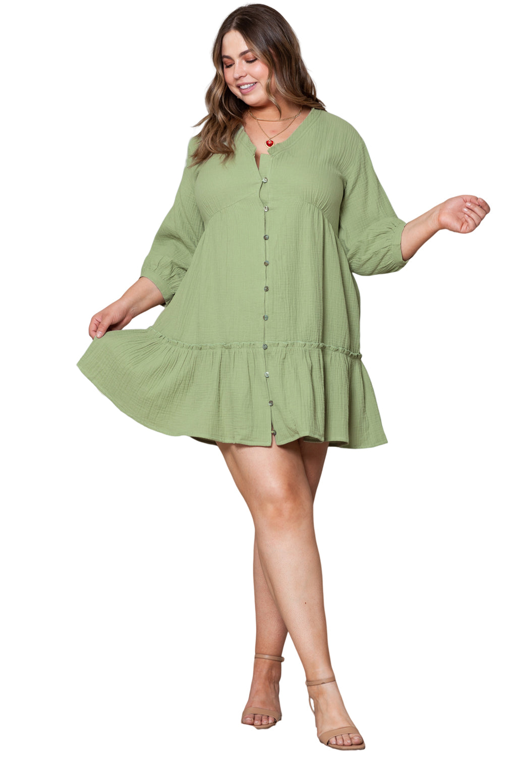 Mini-robe texturée à volants et boutonnée à col en V grande taille vert