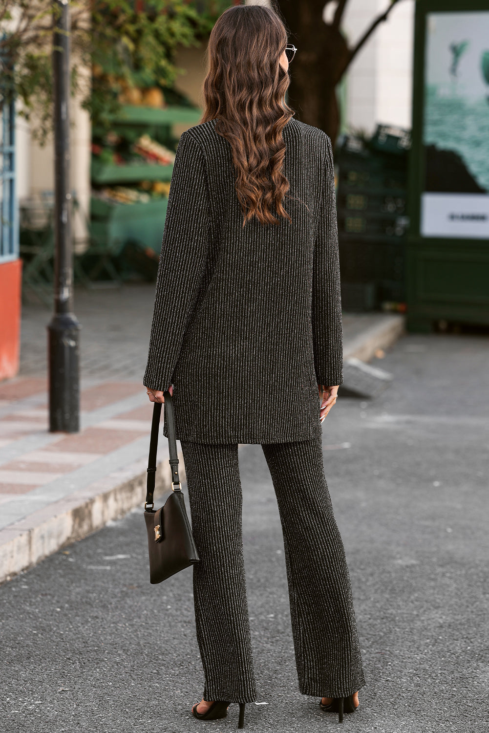 Black Metallic Ribbed Cardigan and Flare Pants Outfit