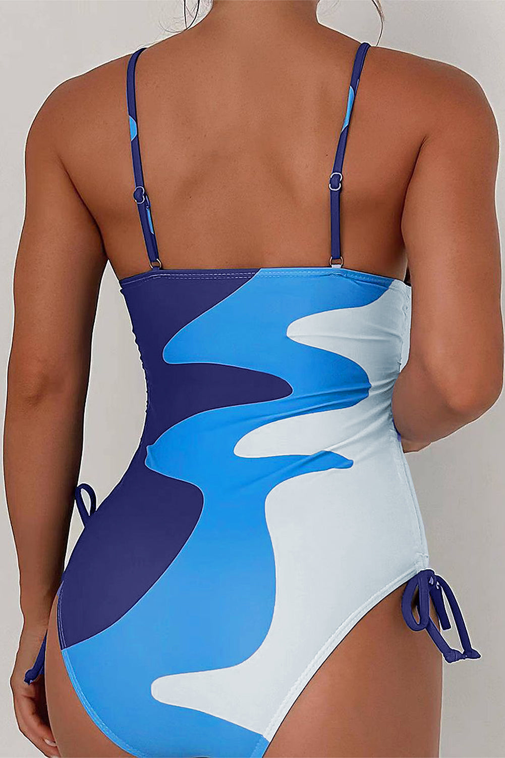 Sky Blue Printed Color Block Drawstring Sides One Piece Swimsuit