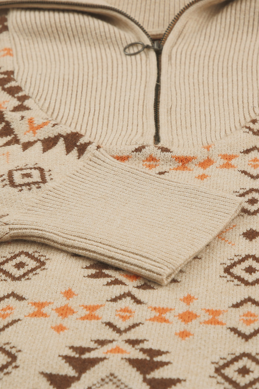 Khaki Aztec pleten pulover z zadrgo na ramenih