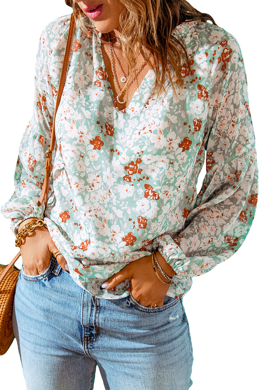 Top con maniche lunghe a sbuffo con scollo a V e stampa floreale multicolore