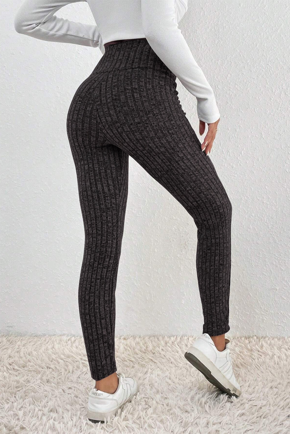 Leggings en tricot texturé côtelé à large ceinture gris foncé