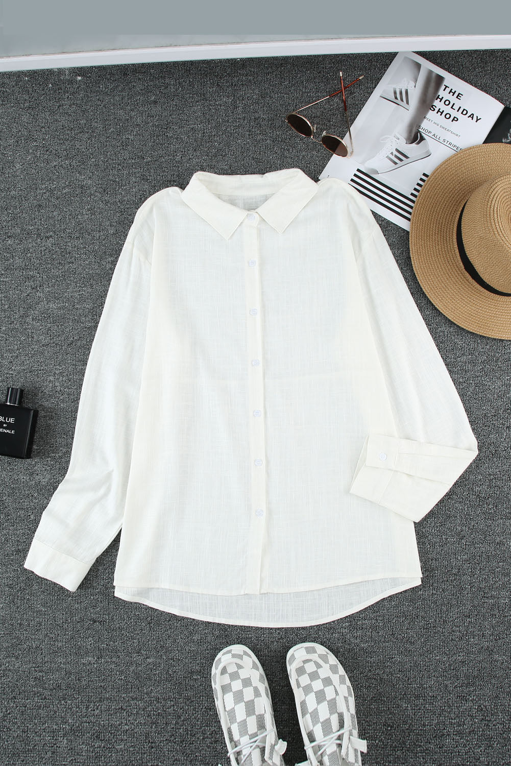 White Textured Solid Color Basic Shirt