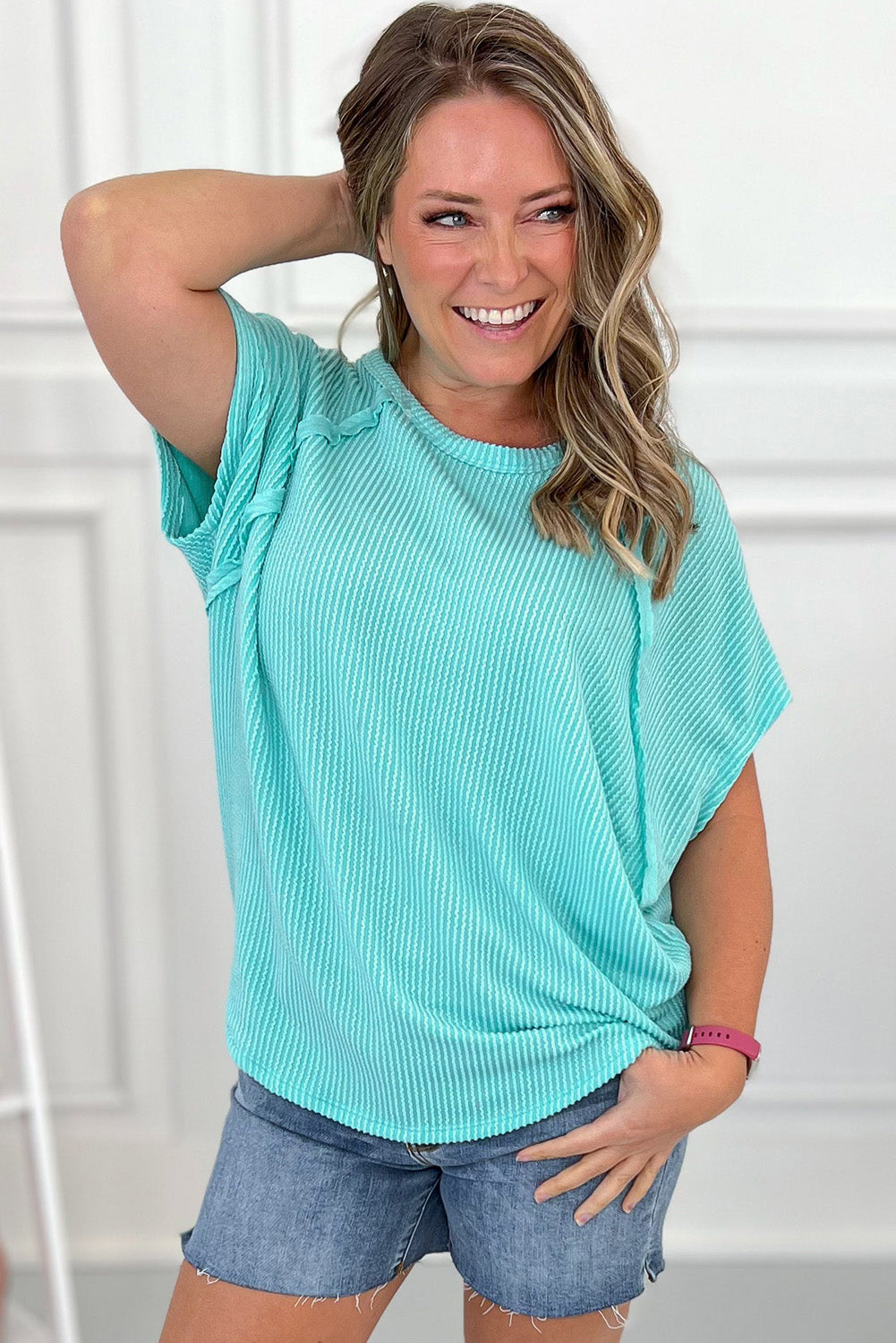 Light Blue Ribbed Exposed Seam Casual Plus Size T Shirt