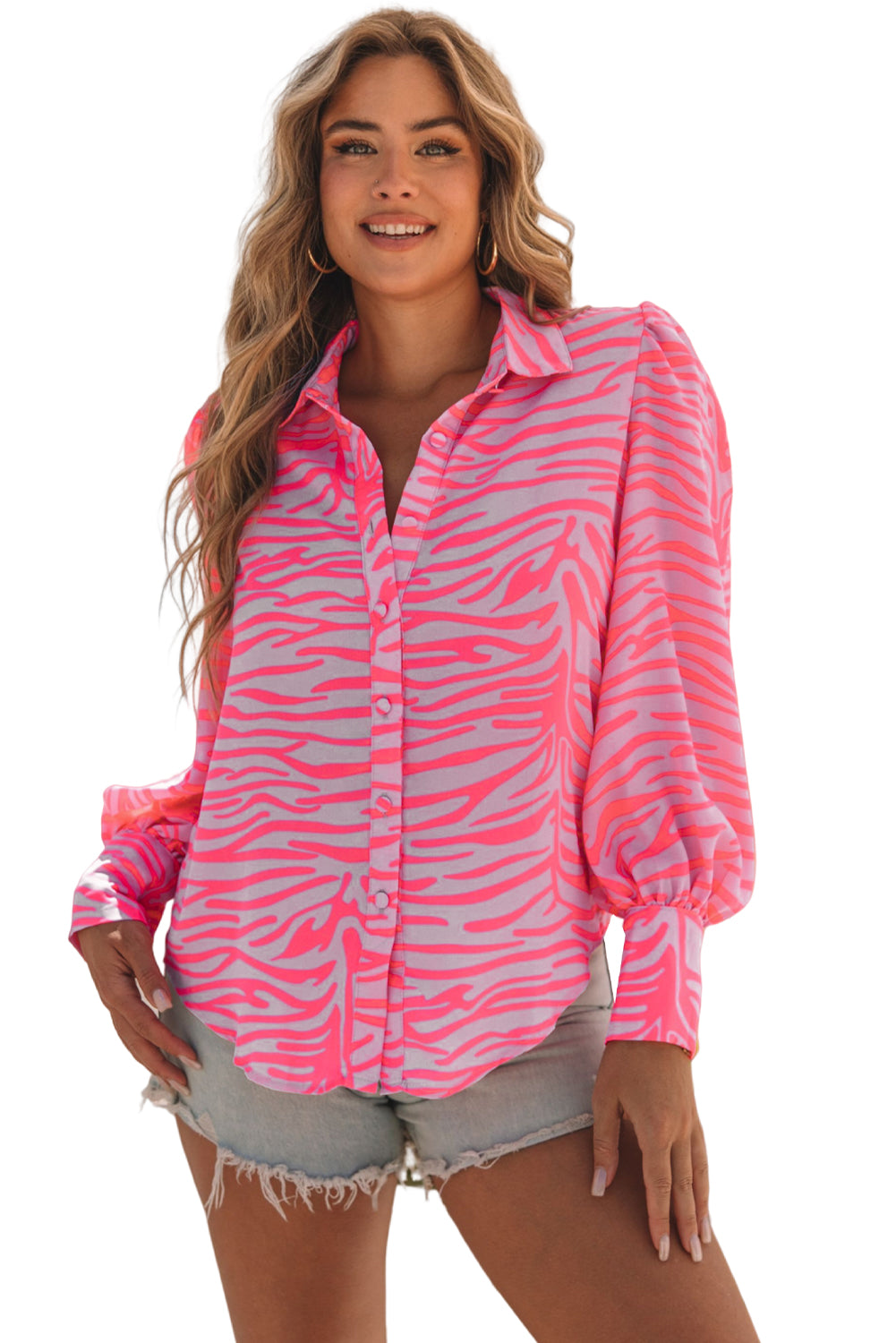 Camicia con maniche a lanterna con stampa a strisce zebrate rosa