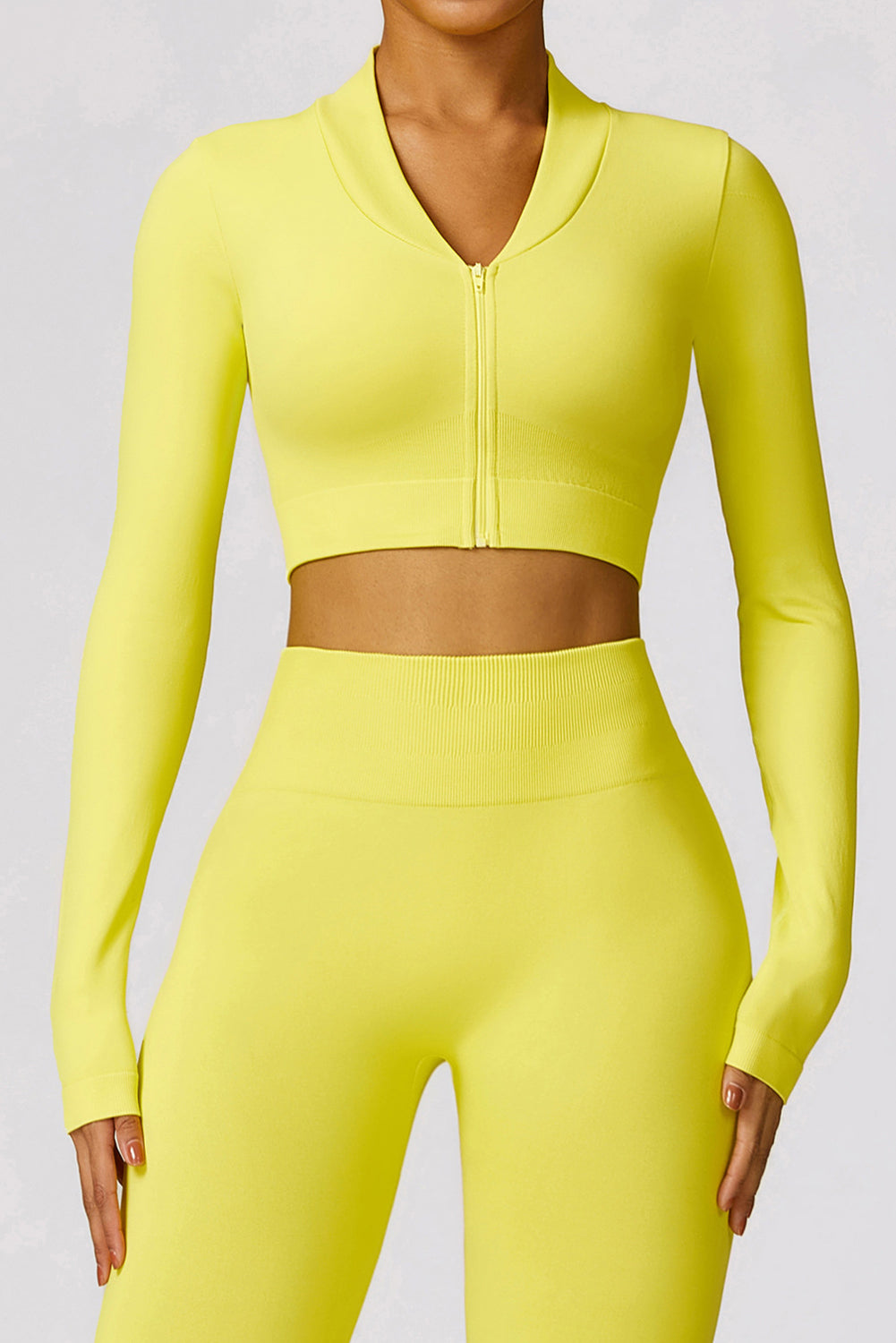 Yellow Long Sleeve Crop Top and Flare Pants Workout Set