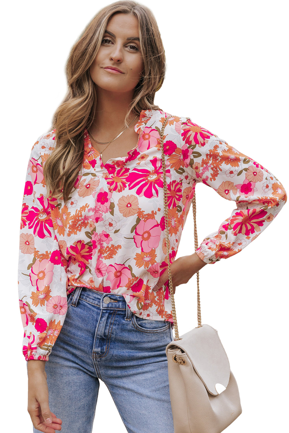 Hellweiße Bluse mit geteiltem V-Ausschnitt und Blumendruck