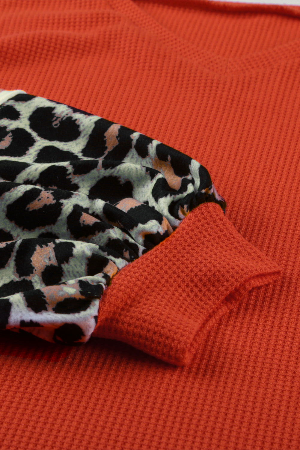 Orange V Neck Leopard Stripe Splice Lantern Sleeve Top
