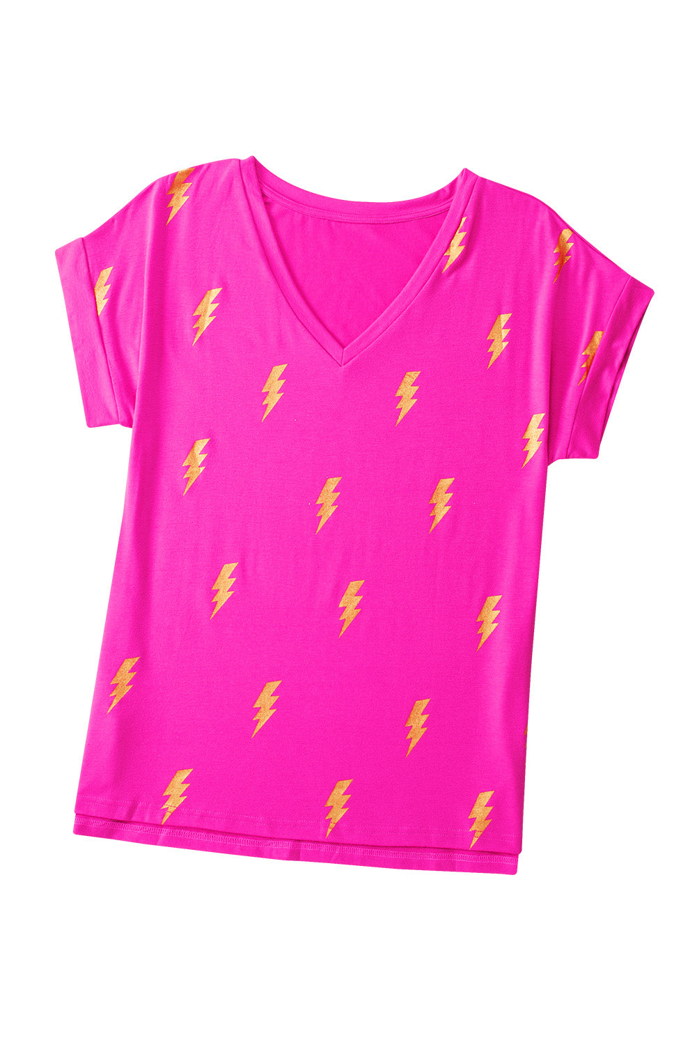 T-shirt ample à col en V et imprimé éclair brillant rose