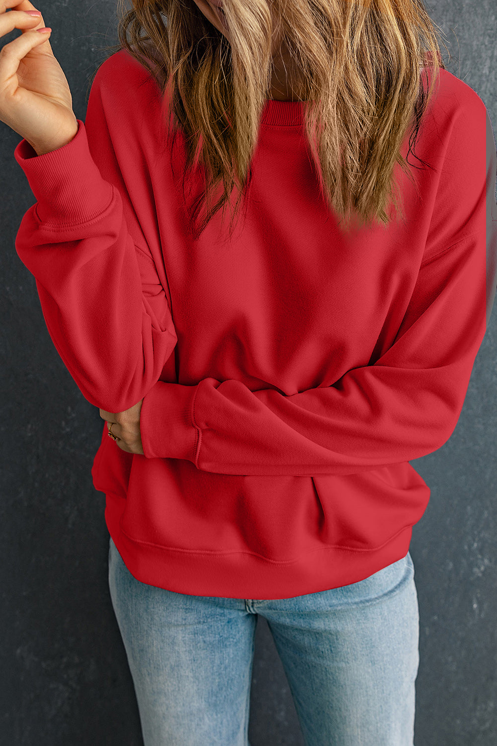 Beigefarbenes, einfarbiges, klassisches Pullover-Sweatshirt mit Rundhalsausschnitt
