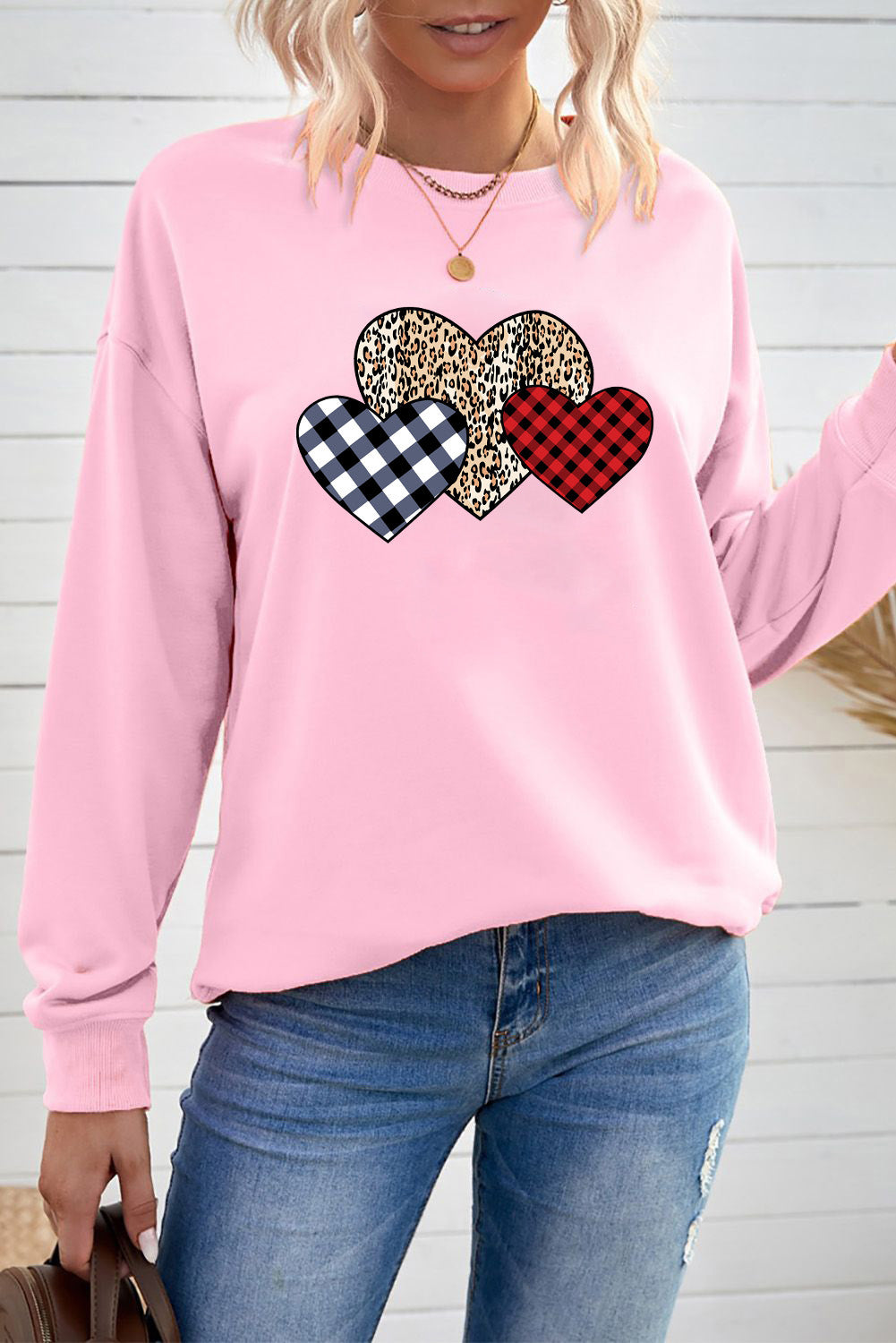 Pink Plaid Leopard Hearts Print Drop Sleeve Pullover Sweatshirt