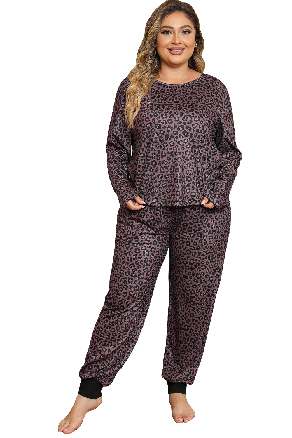 Leopard Plus Size Long Sleeve Pants Outfit