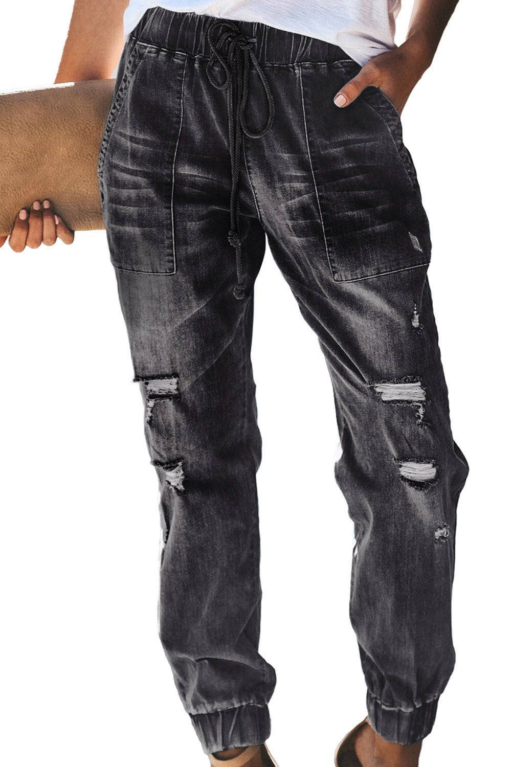 Pantalon de jogging noir effet vieilli avec poches et cordon de serrage
