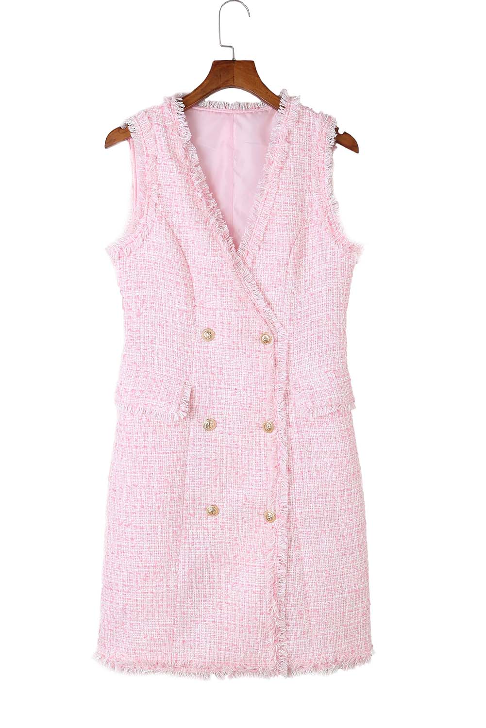 Robe gilet rose à double boutonnage en tweed à bords effilochés