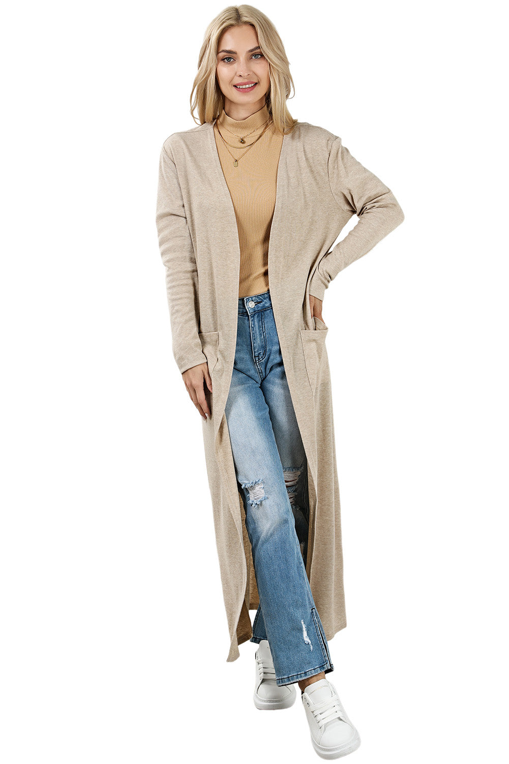 Apricot Open Front Pocketed Duster Cardigan with Slits