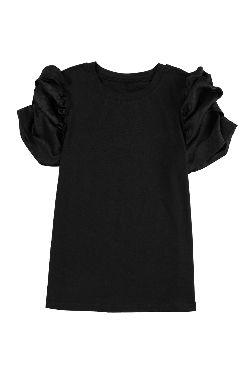 Schwarzes, gerüschtes T-Shirt mit Rundhalsausschnitt und Puffärmeln