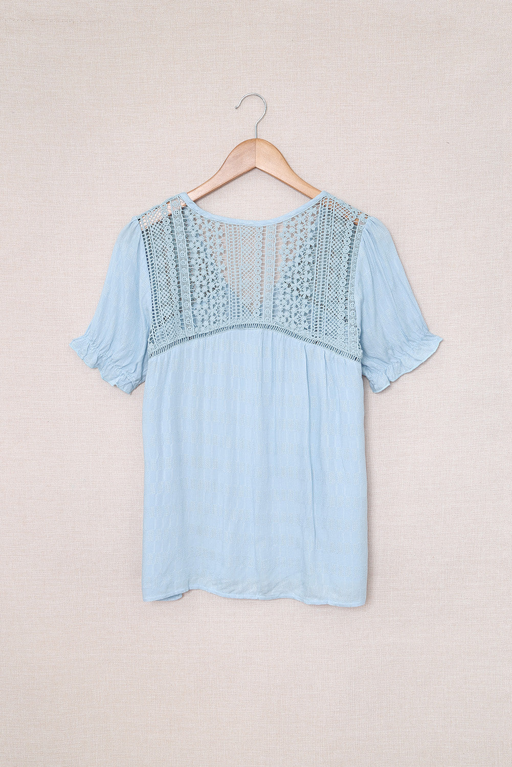 Sky Blue V Neck Lace Crochet Short Sleeve Shirt