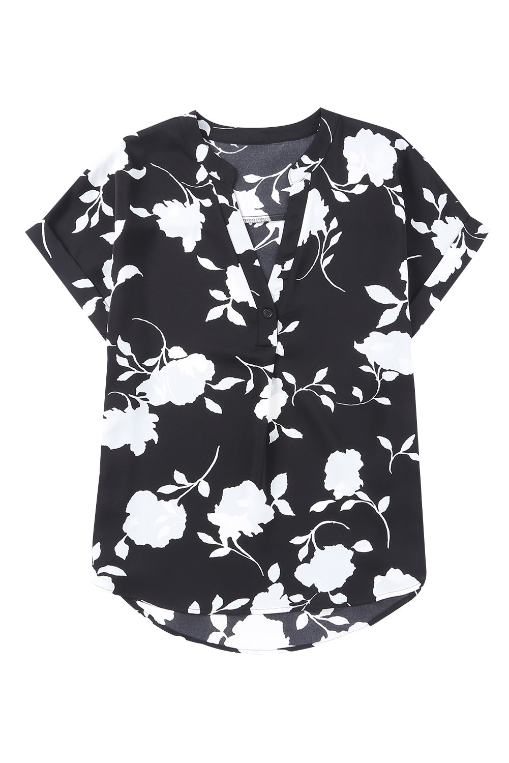 Črna bluza s kratkimi rokavi s cvetličnim potiskom