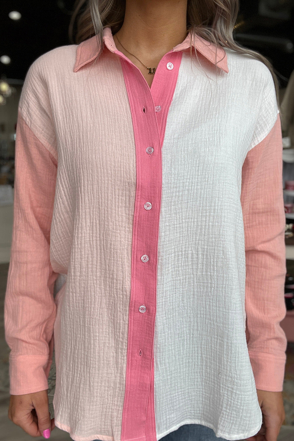 Camicia a maniche lunghe increspata patchwork color block rosa