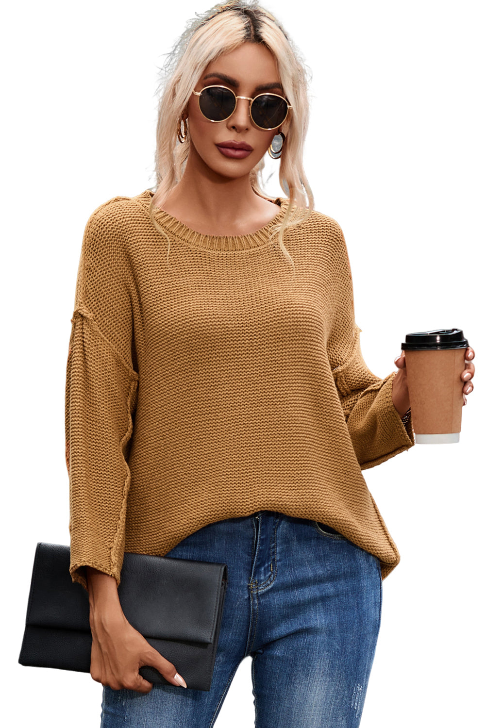 Brown Slouchy Textured Knit Loose Sweater