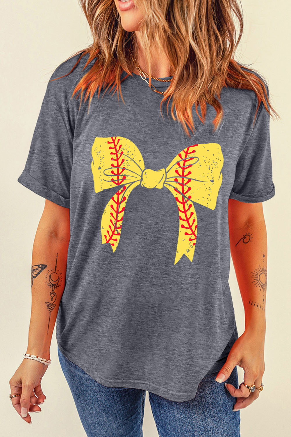 Rosarotes Baseball-Bowknot-Grafik-Freizeit-T-Shirt