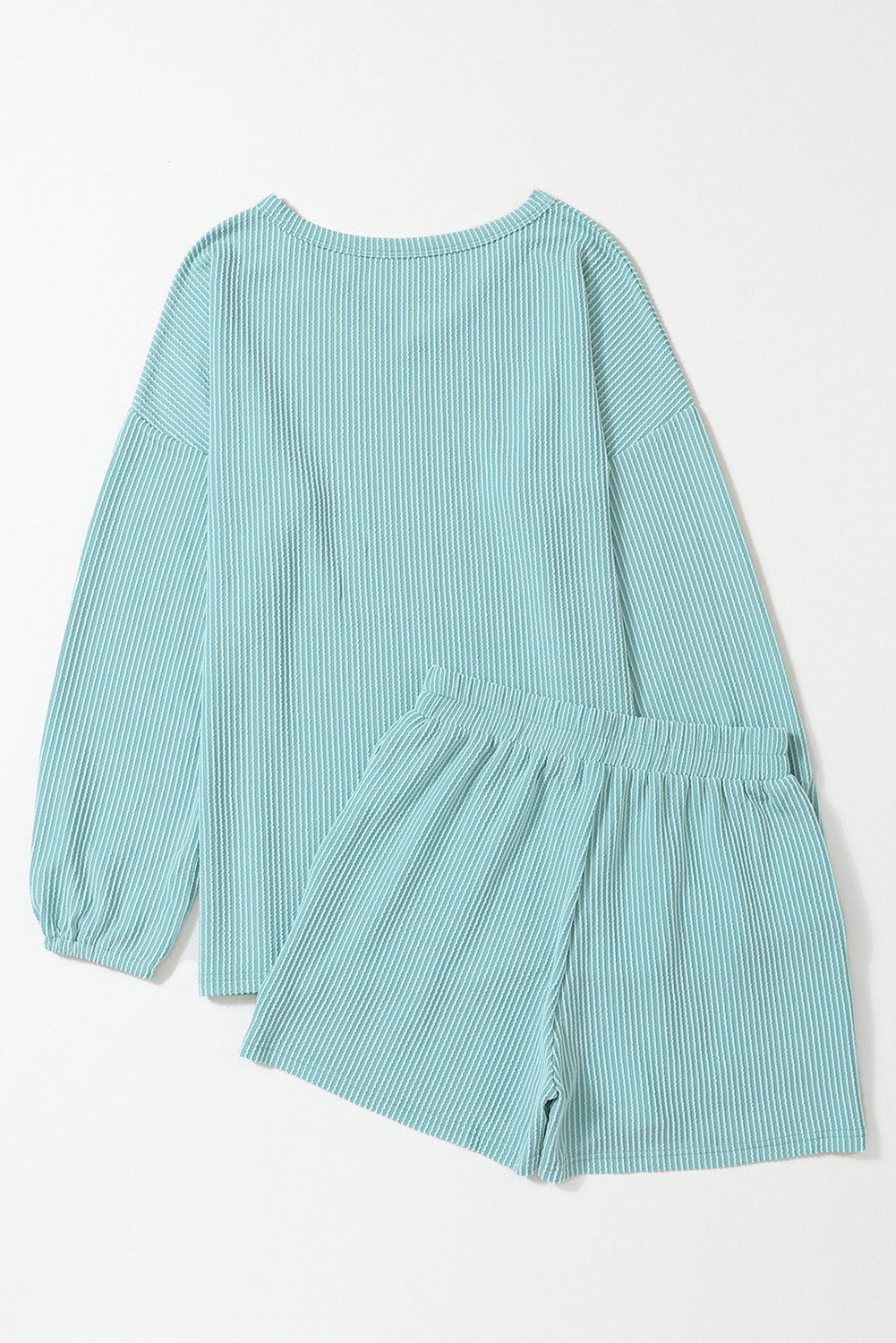 Nebelblaues Cord-Shorts-Set mit V-Ausschnitt, lockerem Oberteil und Taschen