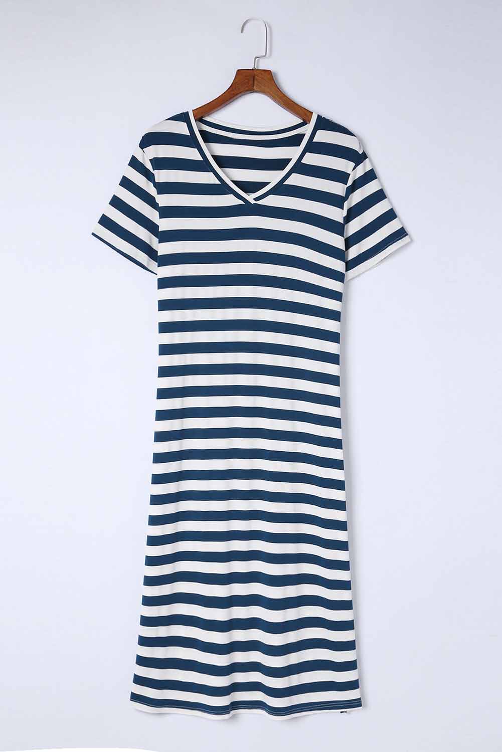 Blue Stripe Print V Neck Maxi Dress with Side Splits