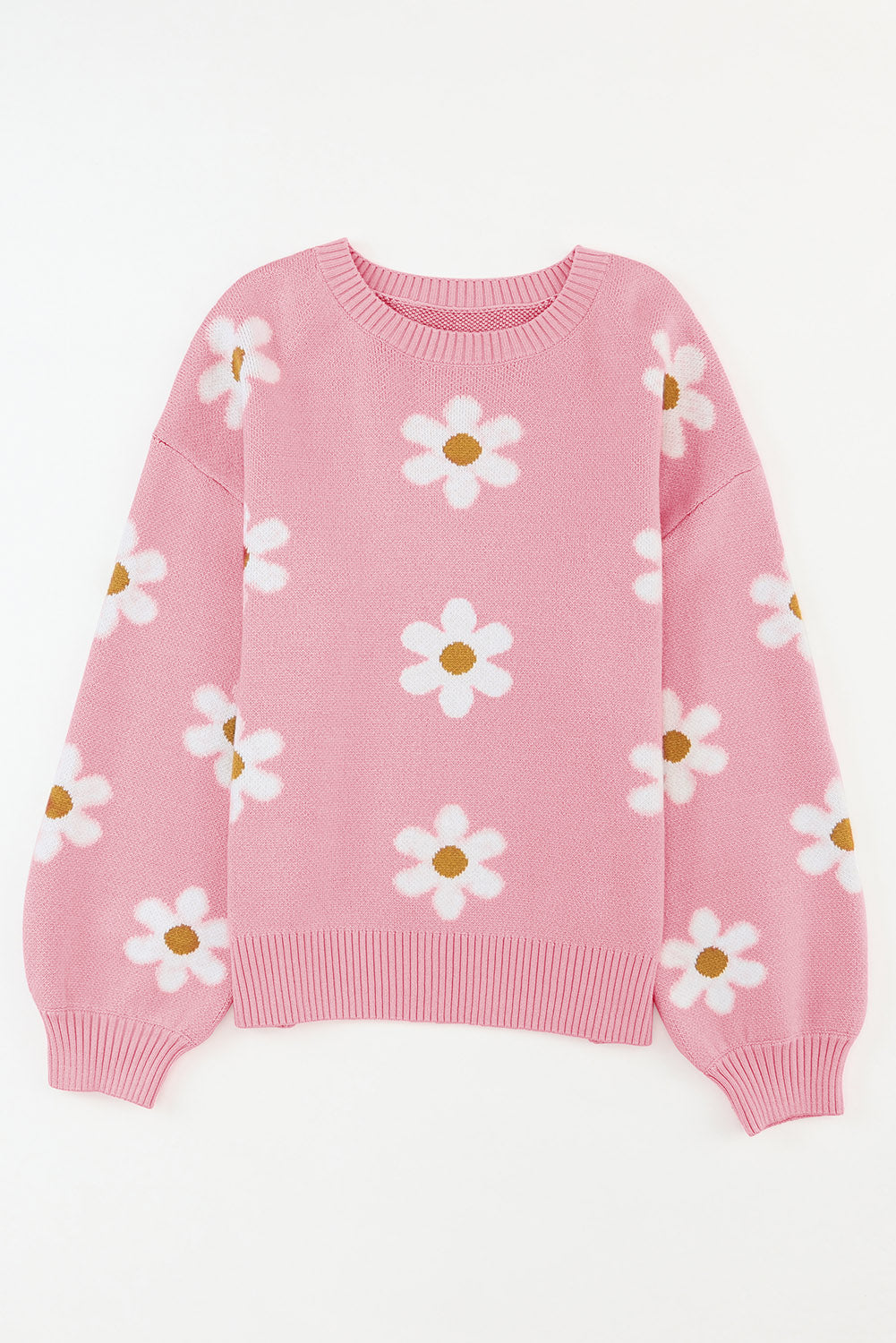 Blasser Khaki-Rosa-Pullover mit Blumenmuster und überschnittener Schulter