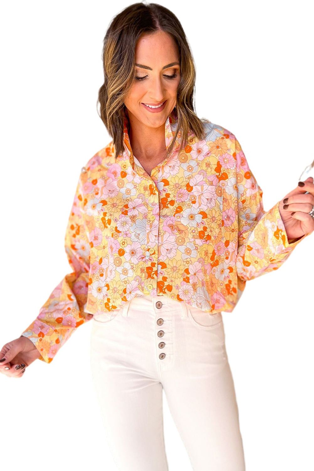 Rumena ohlapna srajca z zavihanim ovratnikom s cvetličnim vzorcem