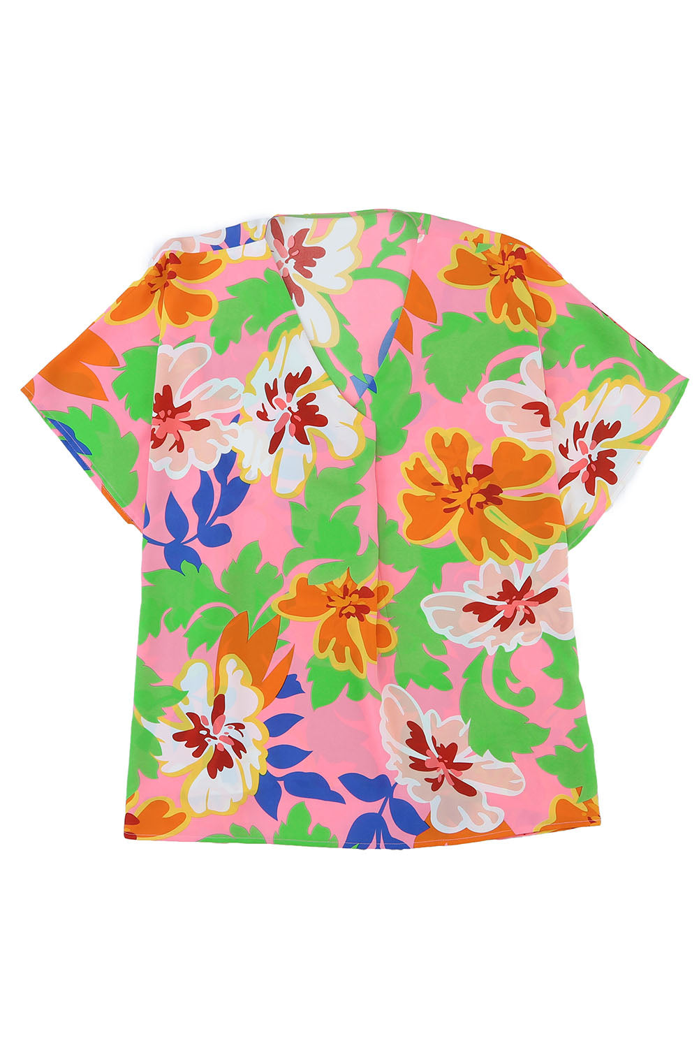 Rosa Tunika-Bluse mit Blumendruck, lockere Passform und V-Ausschnitt