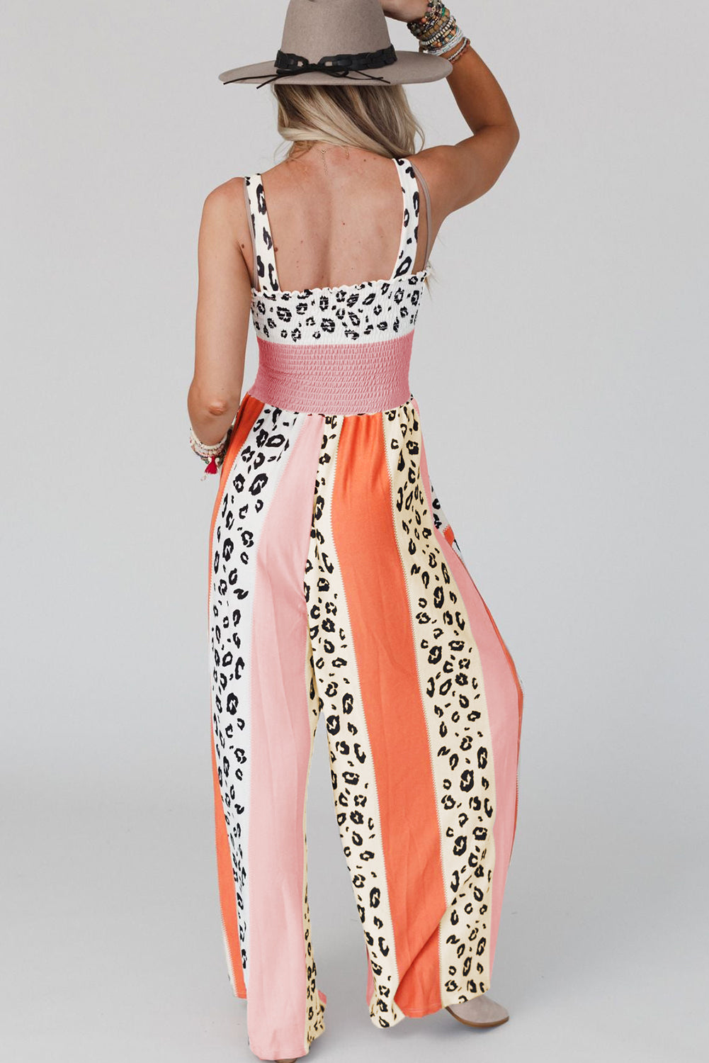 Rosafarbener Jumpsuit mit Leoparden-Farbblock-Mix-Print und Taschen