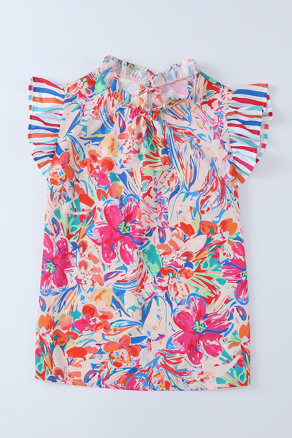 Večbarvna abstraktna črtasta patchwork bluza s kratkimi rokavi z naborki