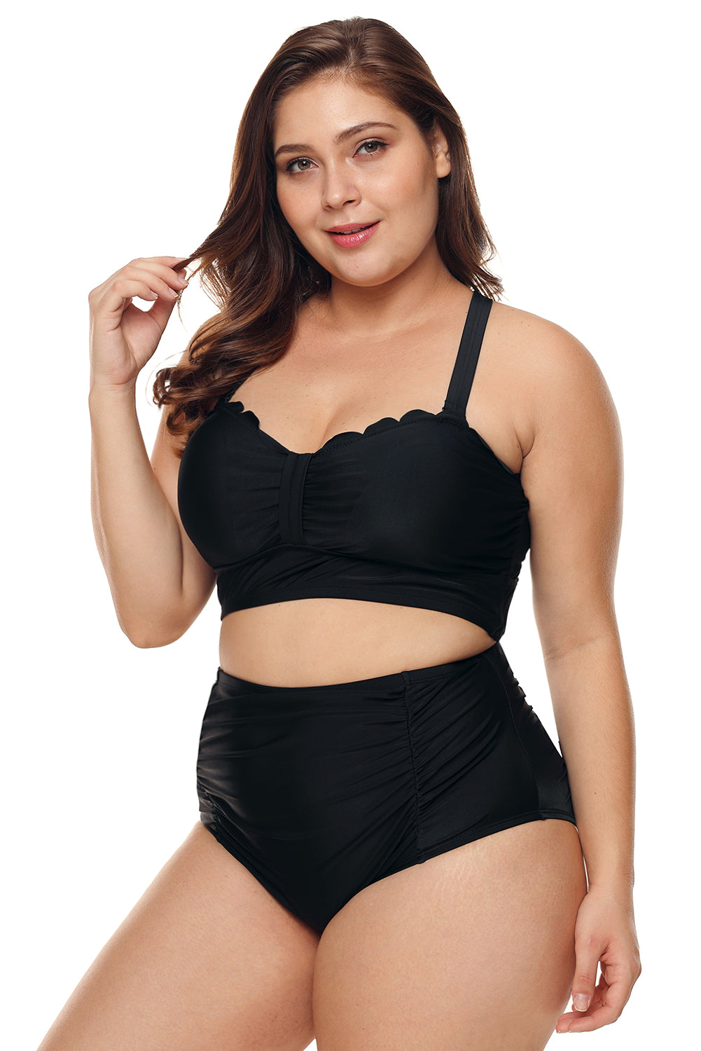 Crni kupaći kostim visokog struka s izrezbarenim detaljima veće veličine