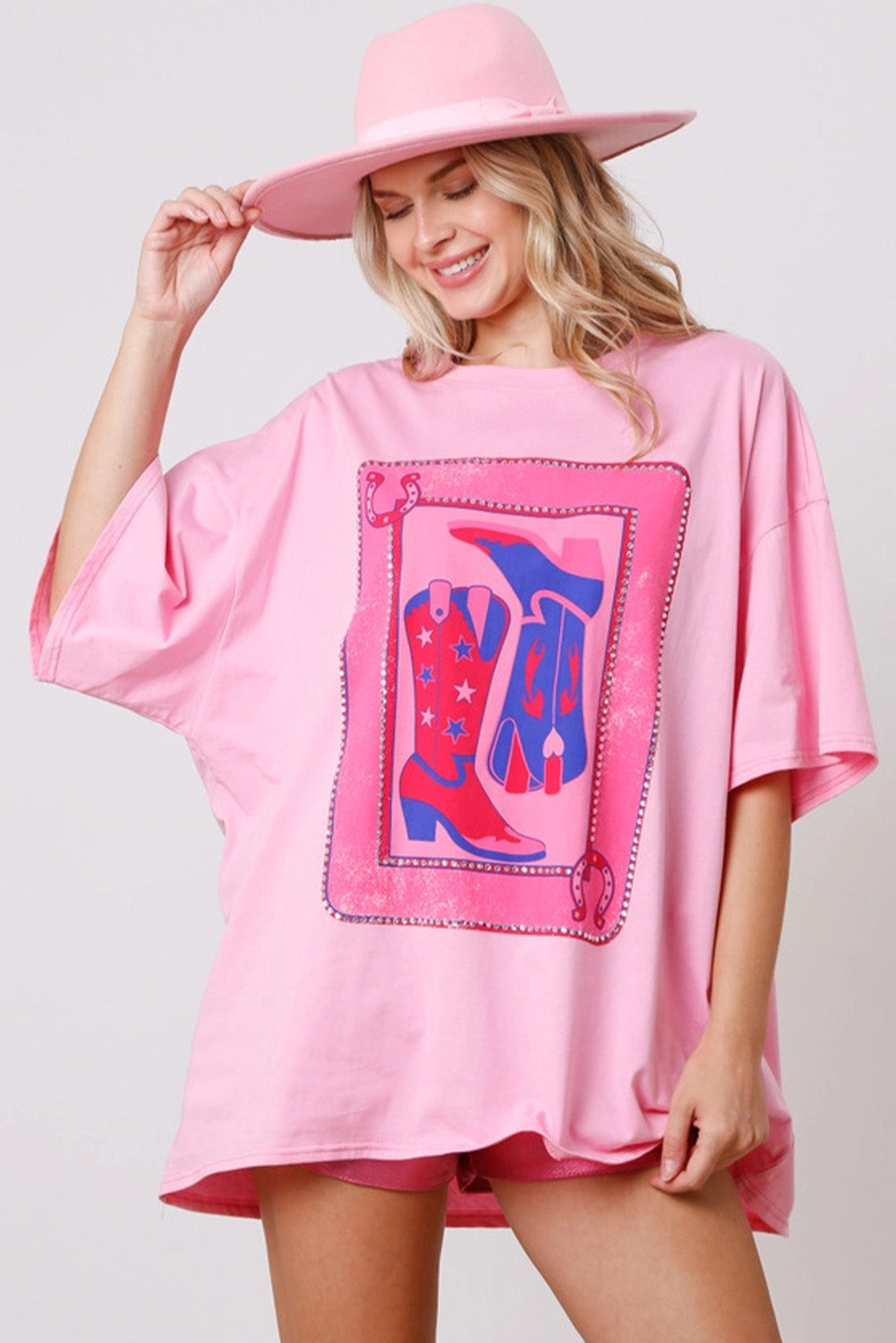 T-shirt graphique Western avec carte de bottes de cow-girl rose