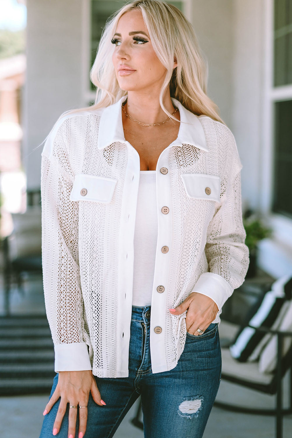 Beige Lace See-through Button Collared Shacket