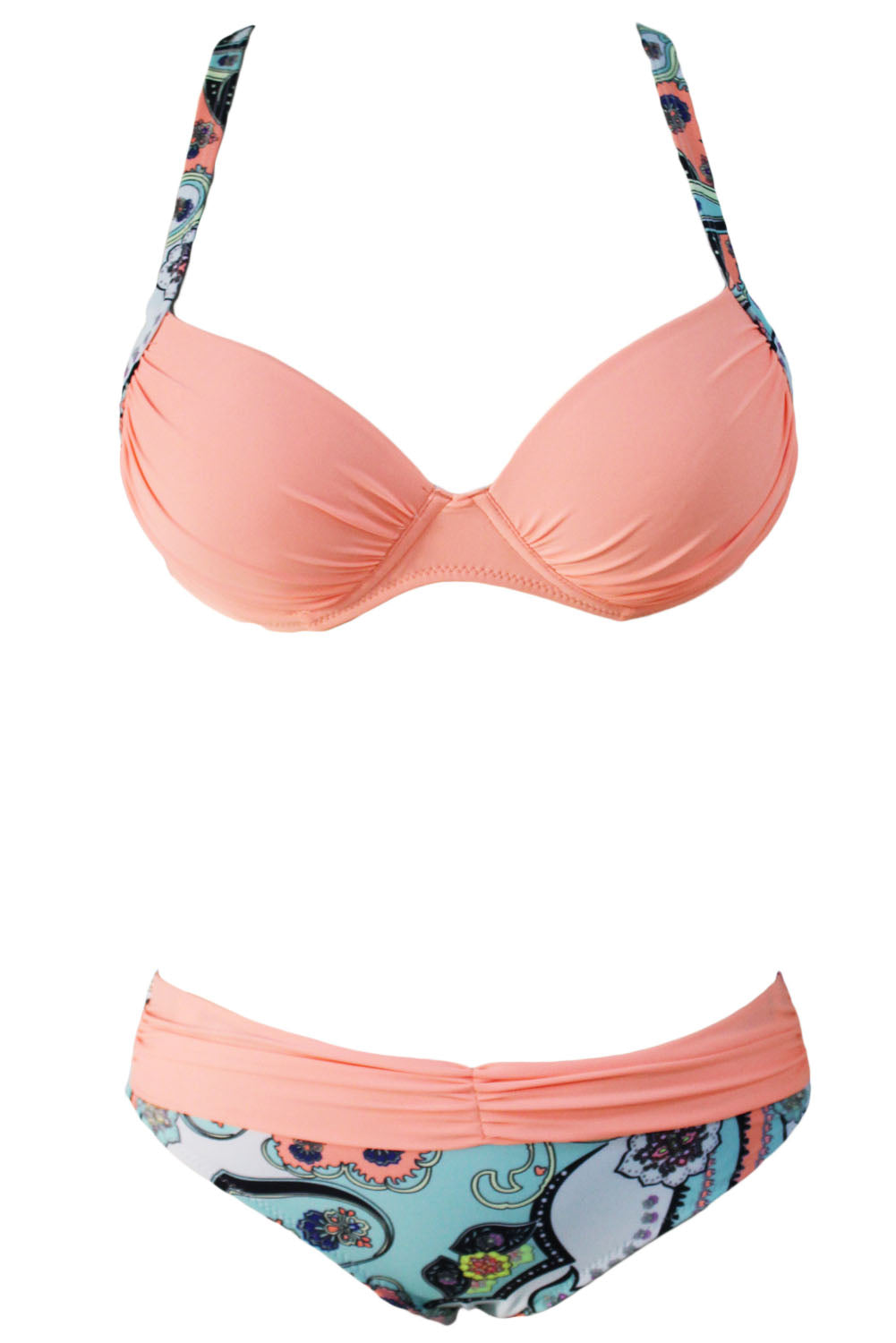 Sexy rosa gepolstertes Push-up-Bikini-Set mit Raffung